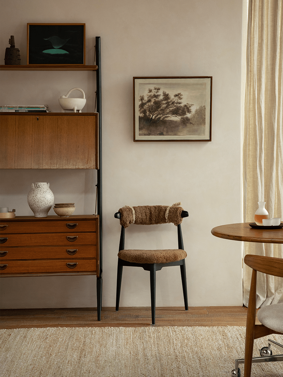 Heart Dining Chair with shearling fabric in vintage interior with Danish design