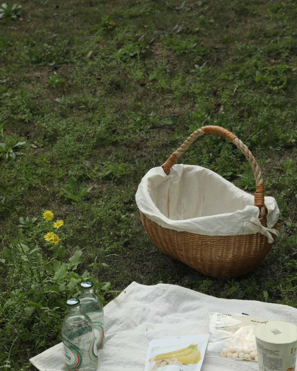 Handwoven wicker basket with white cotton lining and handle on grass