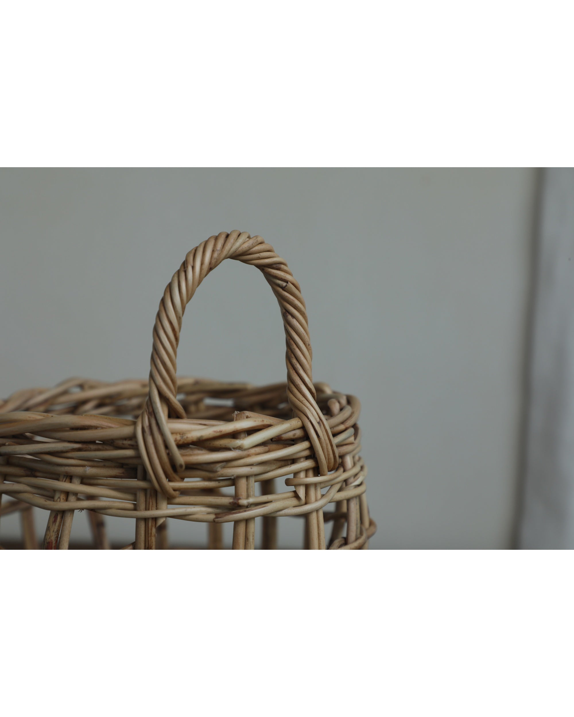 Natural rattan Cove Hanging Basket, hand-woven with a high-arched twisted handle.
