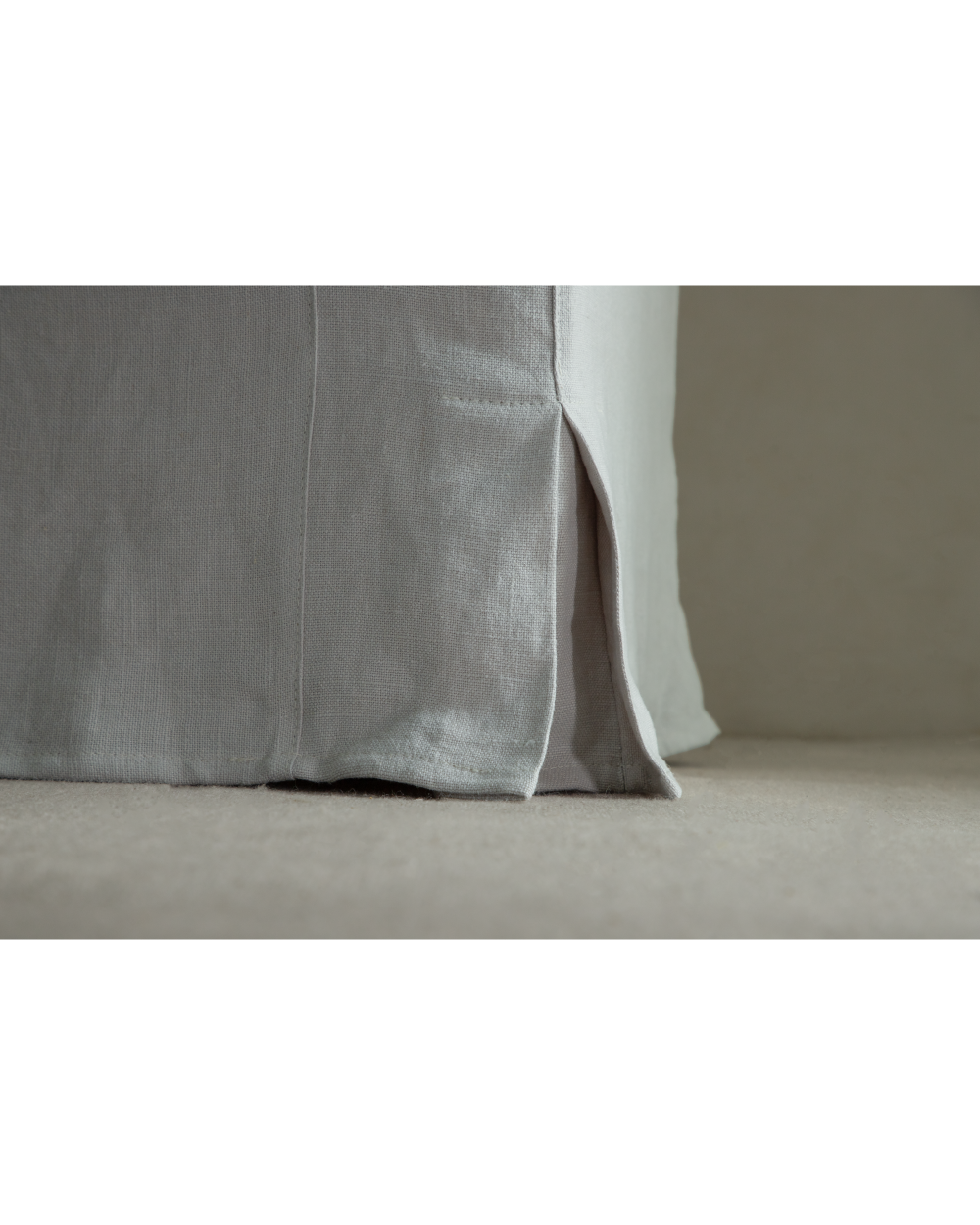 Alina Bench Linen Gray fabric detail with textured weave and pleat.