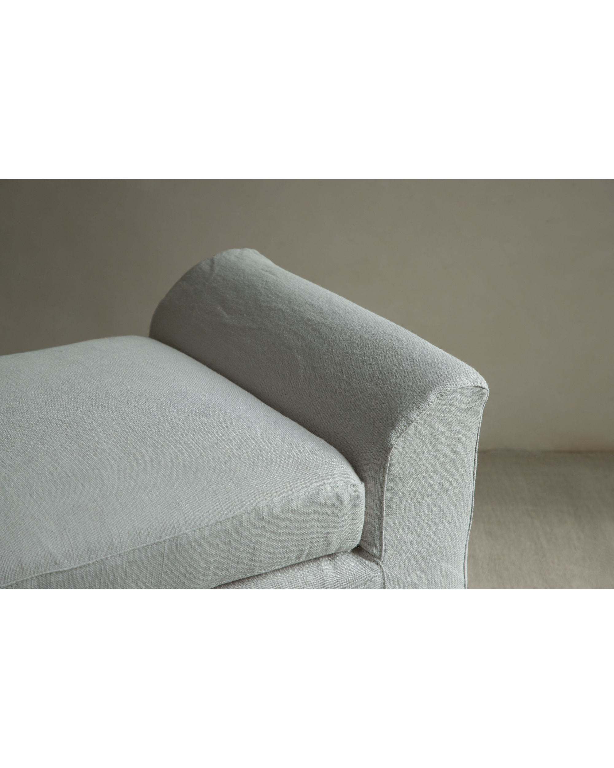 Alina Bench in Linen Gray, close-up of yarn-dyed linen upholstery detail.