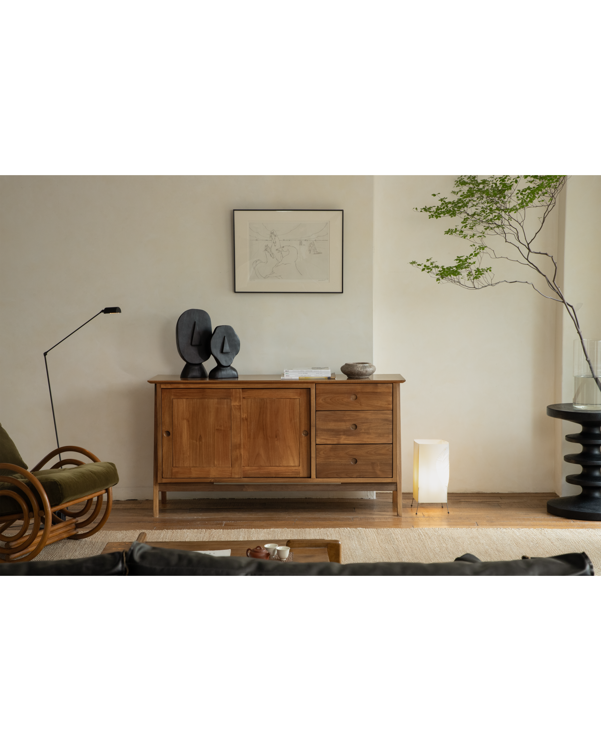 No.23 teak sideboard with minimalist design, 3 drawers, and warm vintage charm