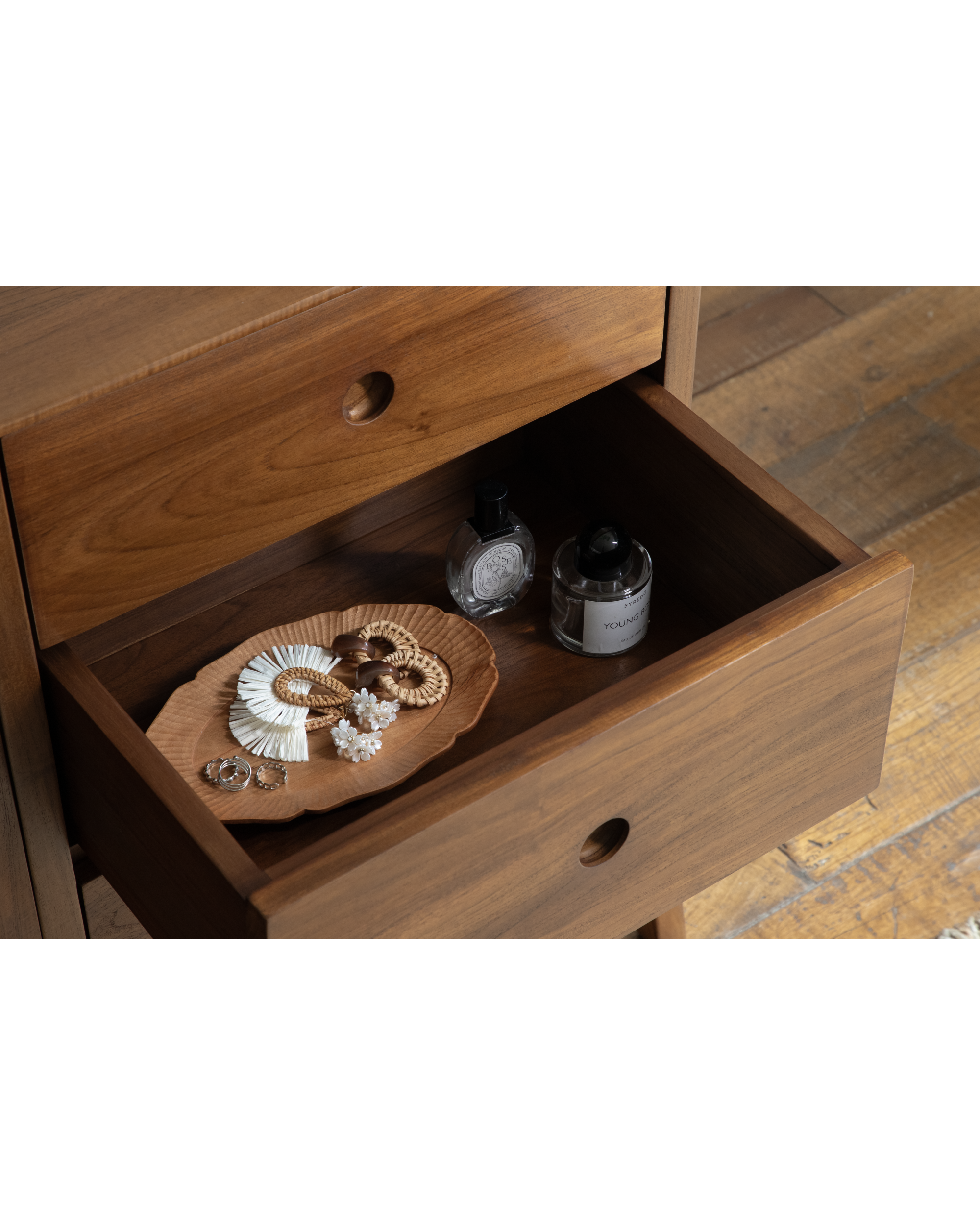 No.23 Sideboard teak drawer with tray, rings & perfume bottles.