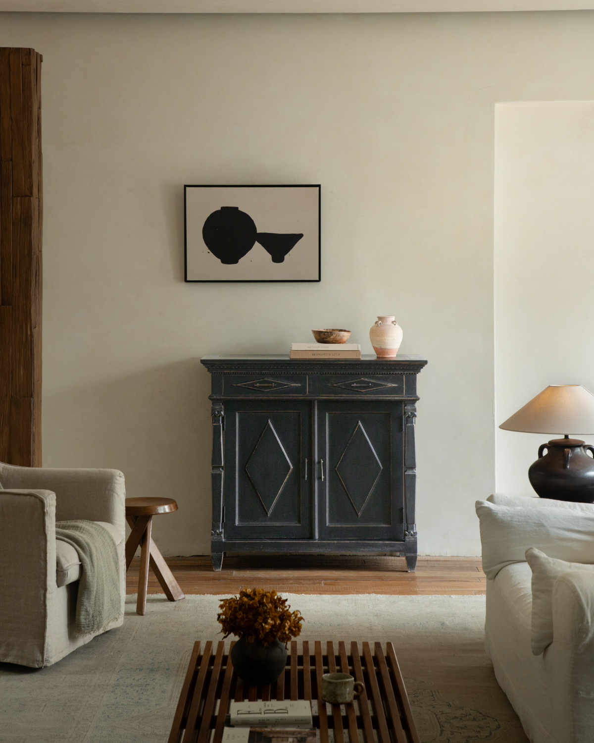 Victoria Teak Cabinet in dark antique finish with brass handles and diamond-carved doors