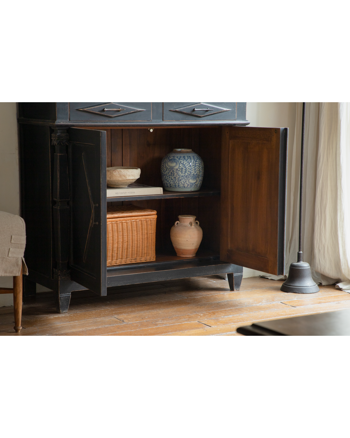 Victoria Teak Cabinet with open doors, solid teak wood, brass handles, and vintage finish