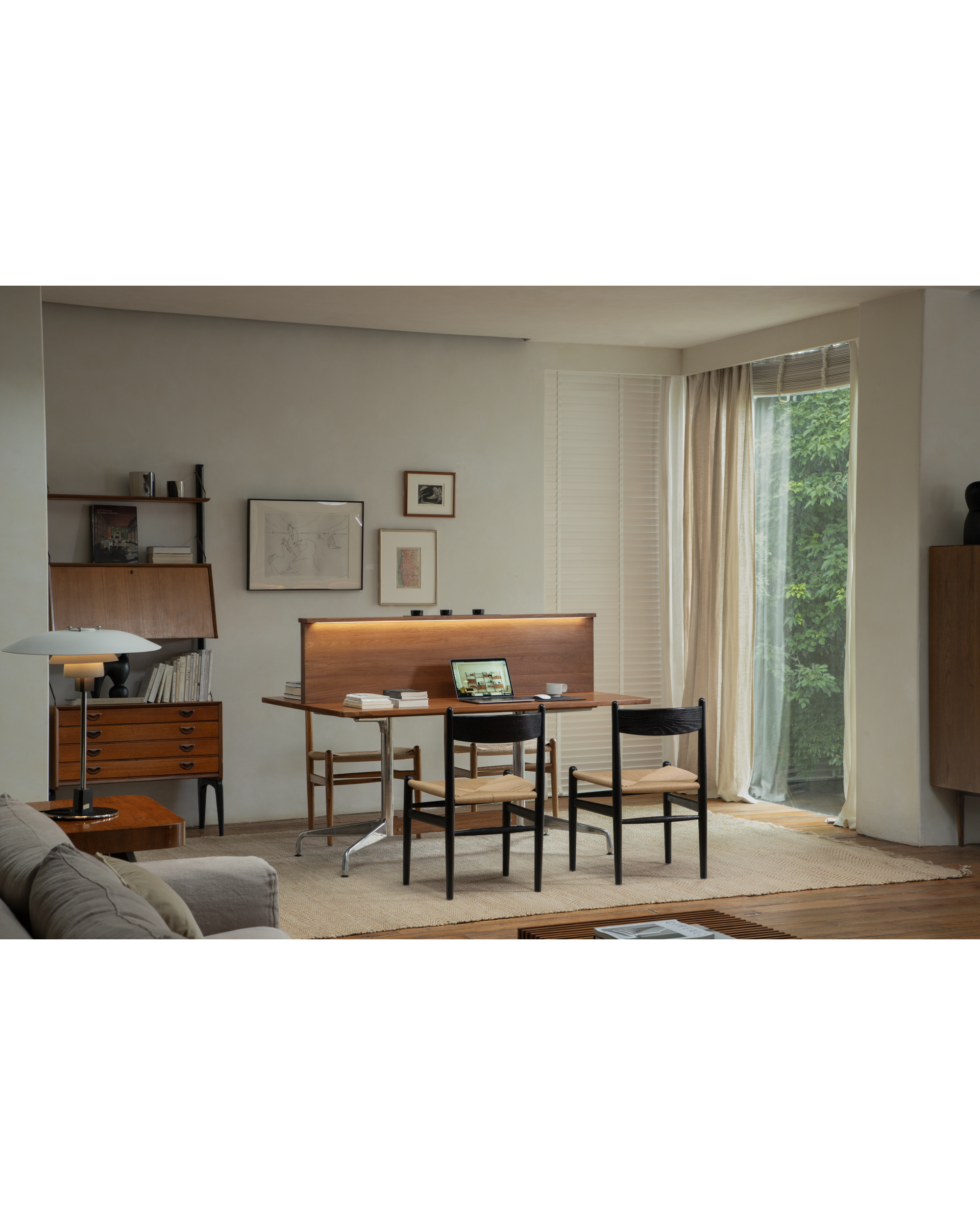 Evan Office Desk with teak top, dual work surfaces, aluminum alloy legs, and integrated LED lighting.