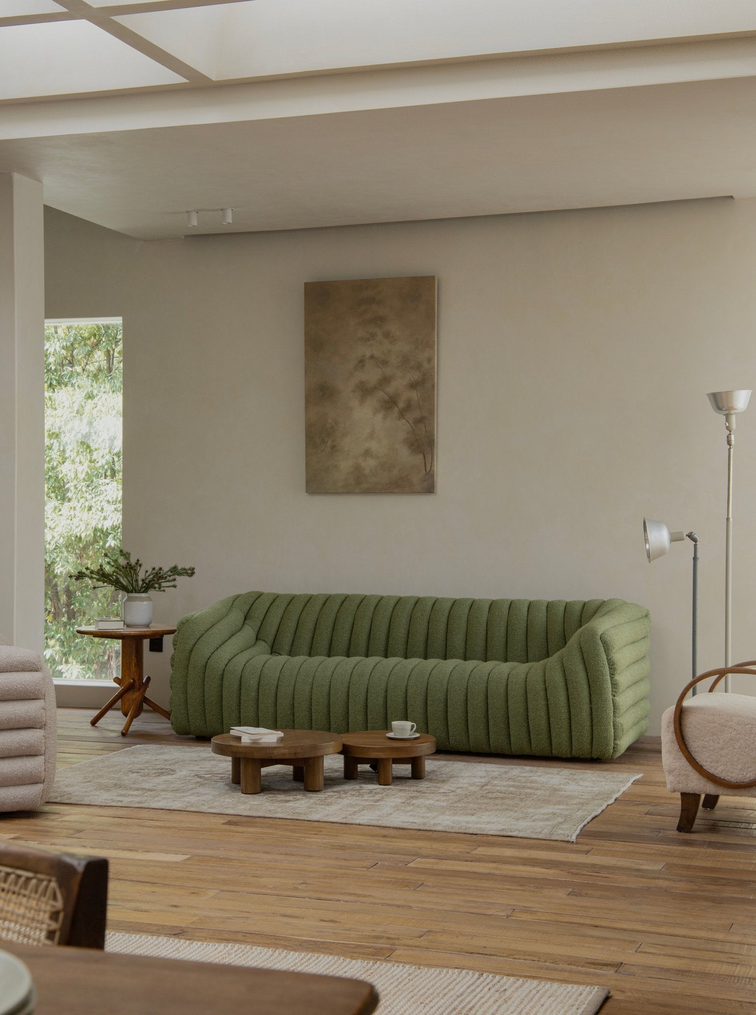 Green Miche Sofa in cozy living room setting with ribbed design
