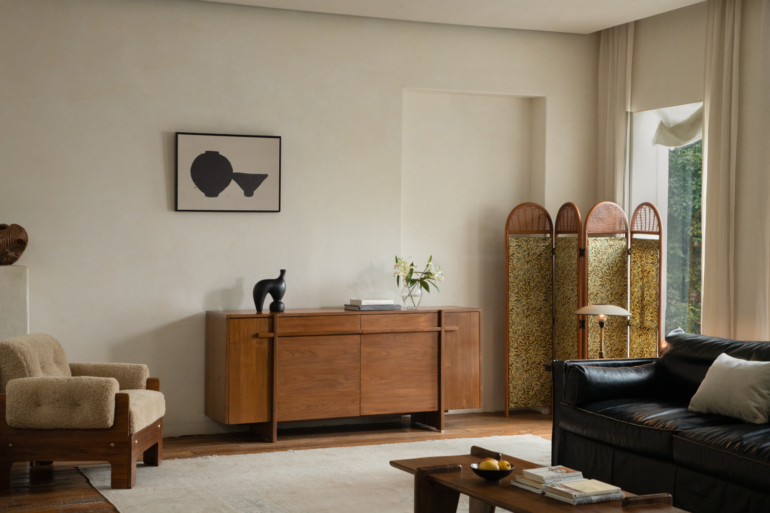NO.42 teak buffet sideboard with storage and modern design in living room.