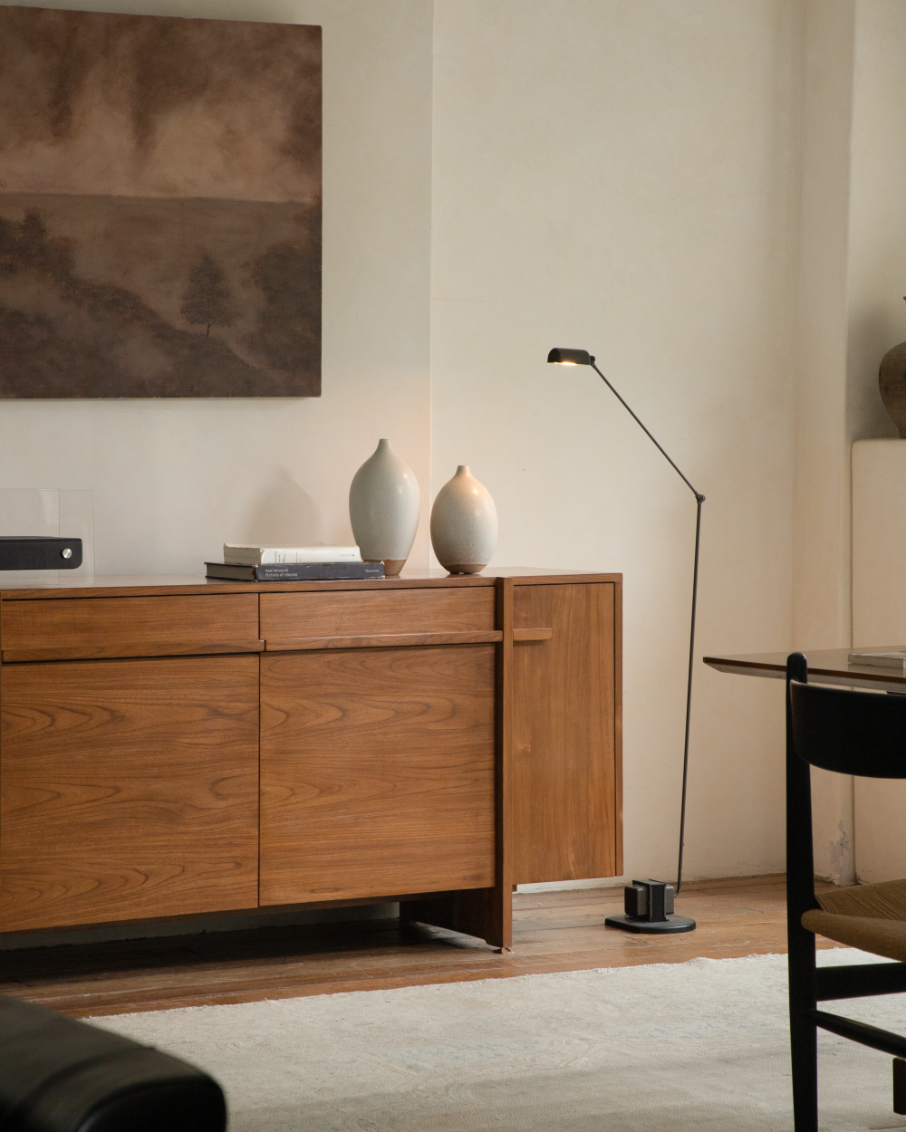 NO.42 Teak Sideboard with decorative vases and floor lamp in modern living room.
