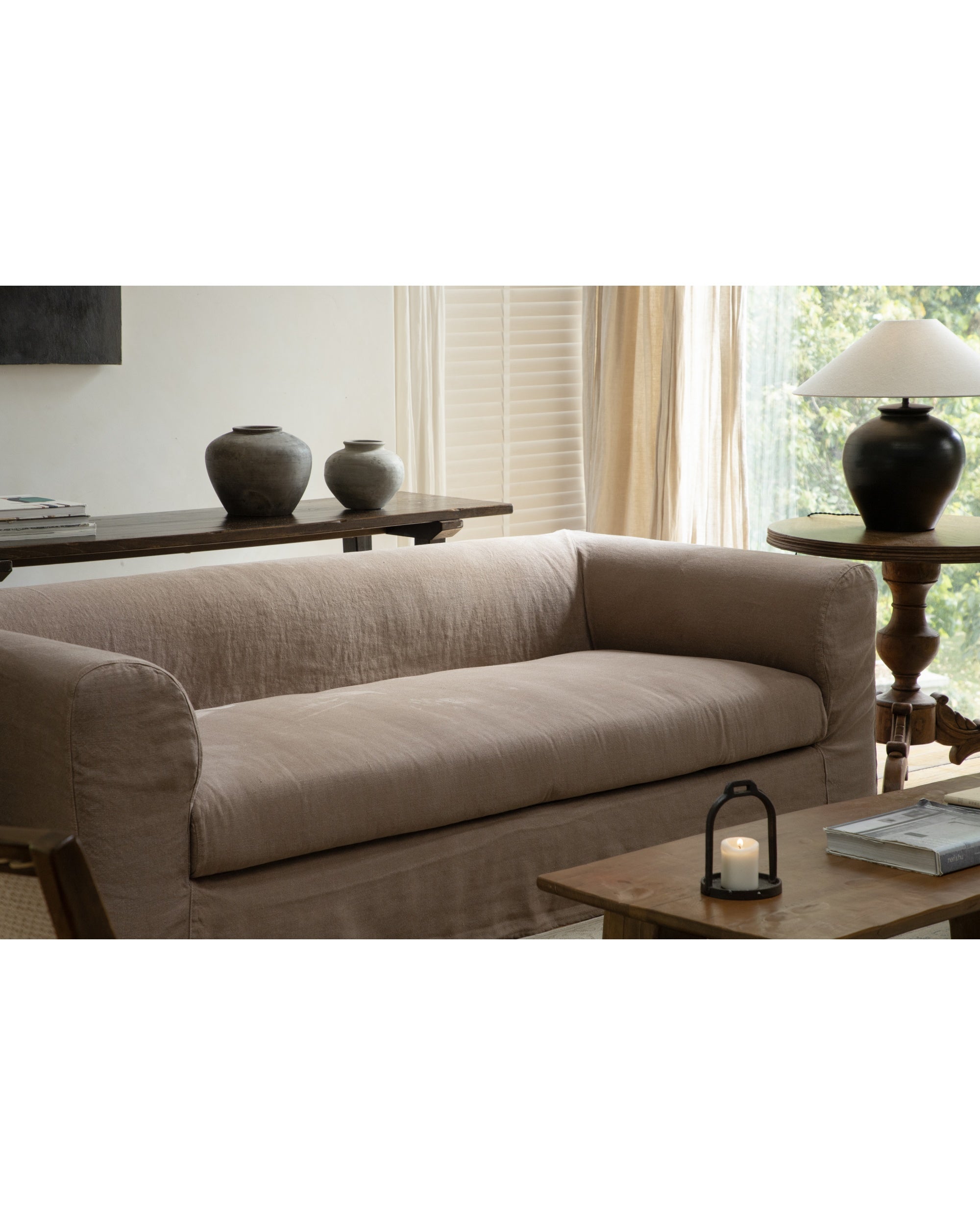 Charlotte Sofa in White Tea Brown textured linen upholstery.