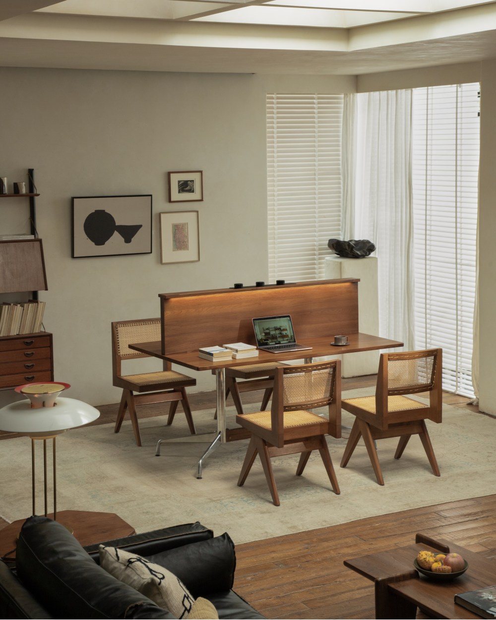 Evan Office Desk: teak wood, aluminum legs, dual surface, cane chairs.