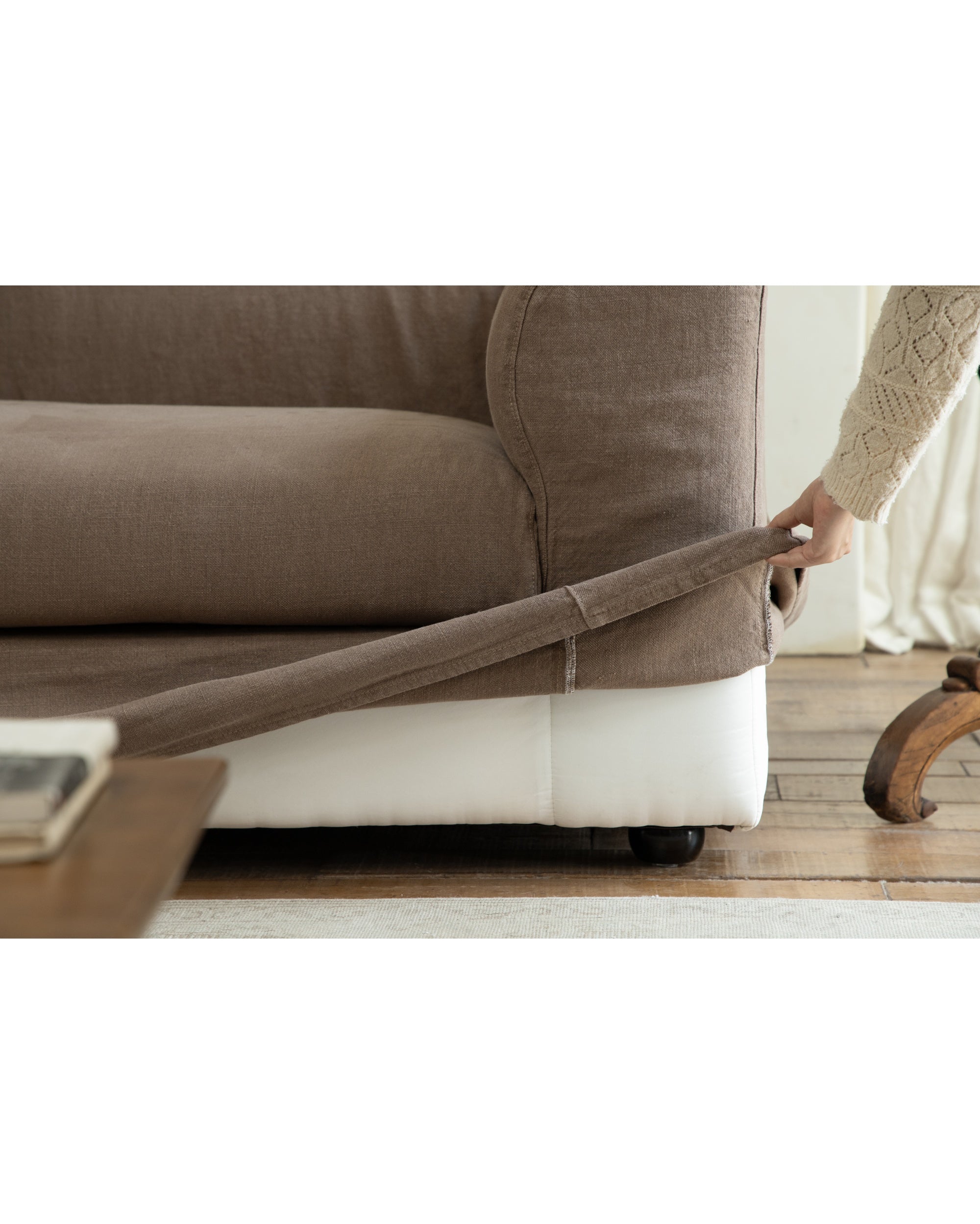 Charlotte Sofa in White Tea Brown woven linen, skirt detail.