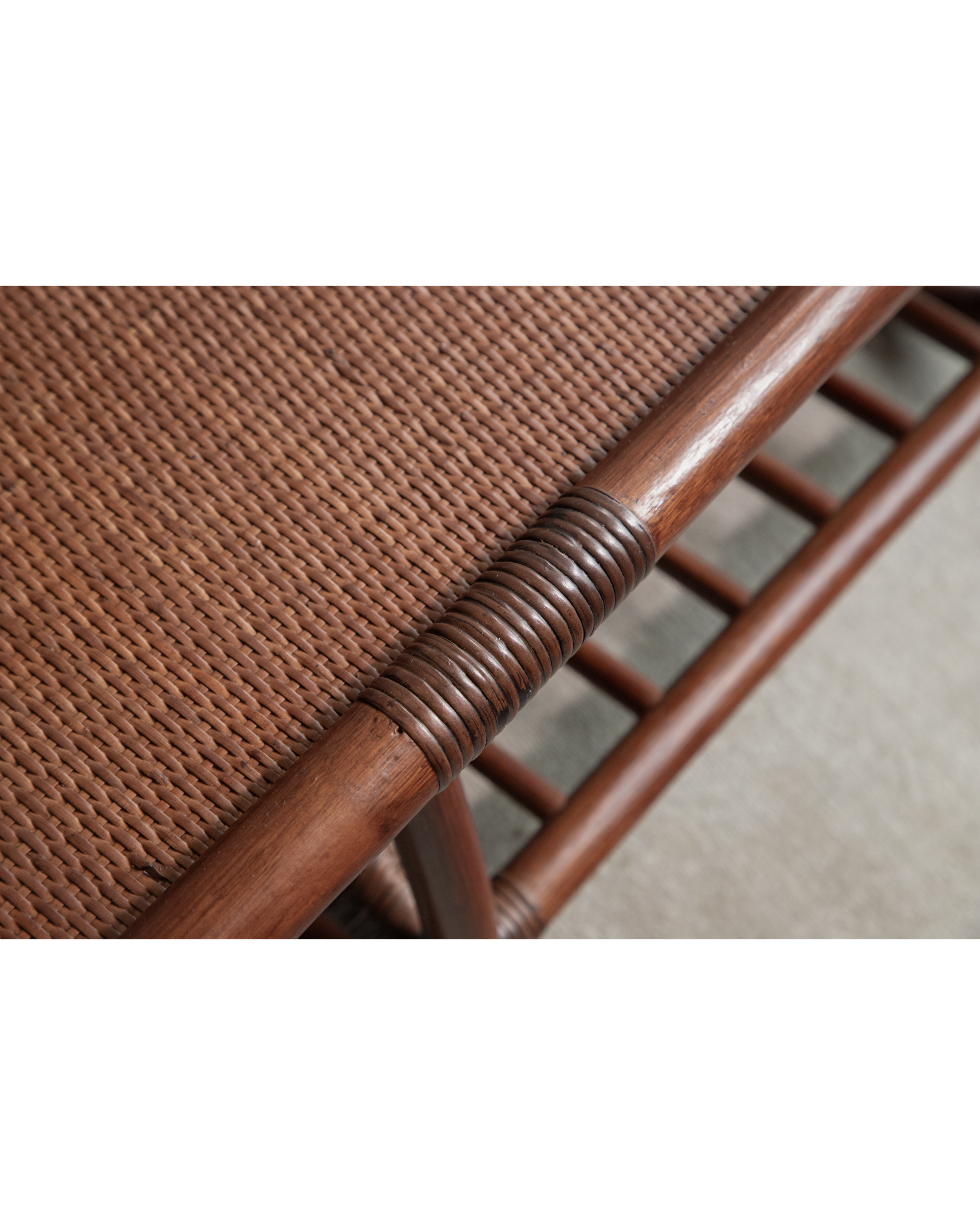 Twyla Storage Bench: detailed rattan weave, dark wood frame, and wrapped joint craftsmanship.