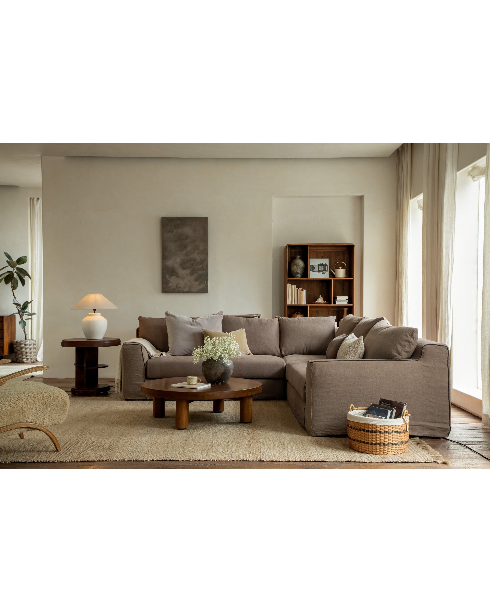 Noa Sectional Sofa: taupe linen, modular L-shape, plush cushions, modern home decor.