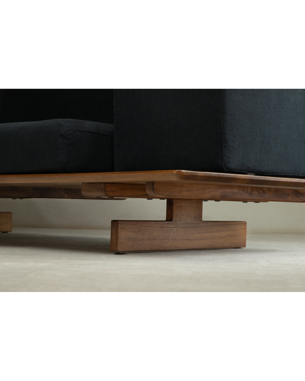 Tatami Linen Modular Sofa base, featuring teak wood frame and black linen upholstery.