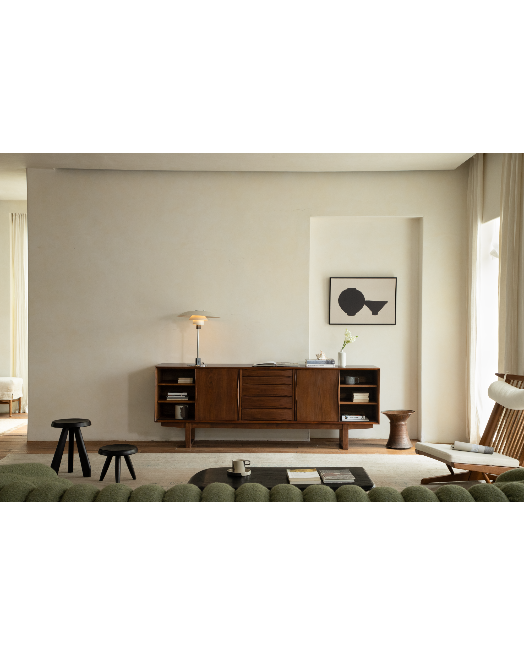 No.454 sideboard: mid-century dark wood with drawers and open shelving.