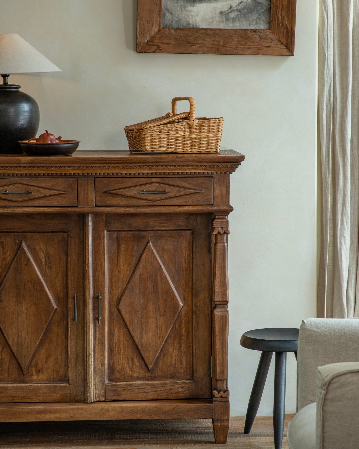 Victoria Teak Cabinet with intricate vintage carvings, Roman columns, antique brass handles, and solid teak wood.