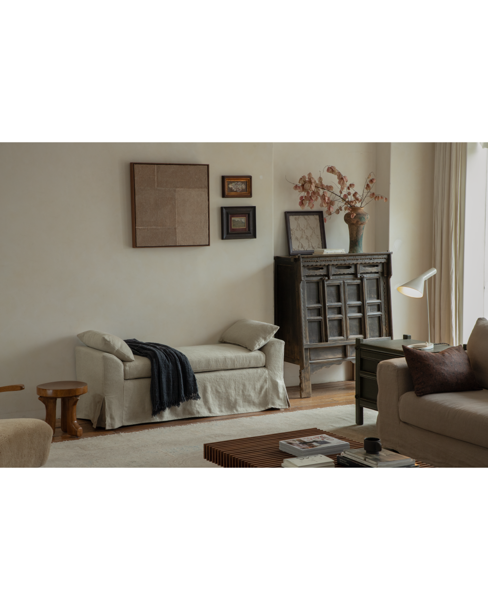 Alina Bench in Linen Gray yarn-dyed linen with a relaxed slipcover.