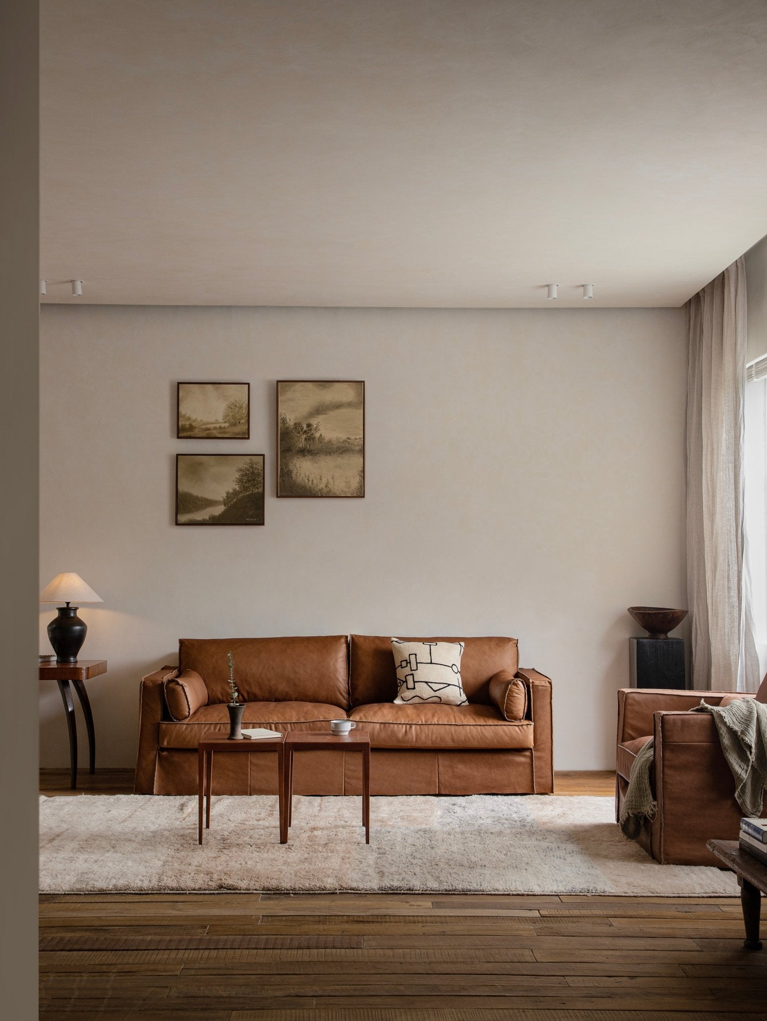 Brown skirt leather sofa in a modern living room setting