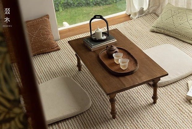 Reclaimed wood Tatami tea table with tea set, natural light, 'ZHUMU' brand