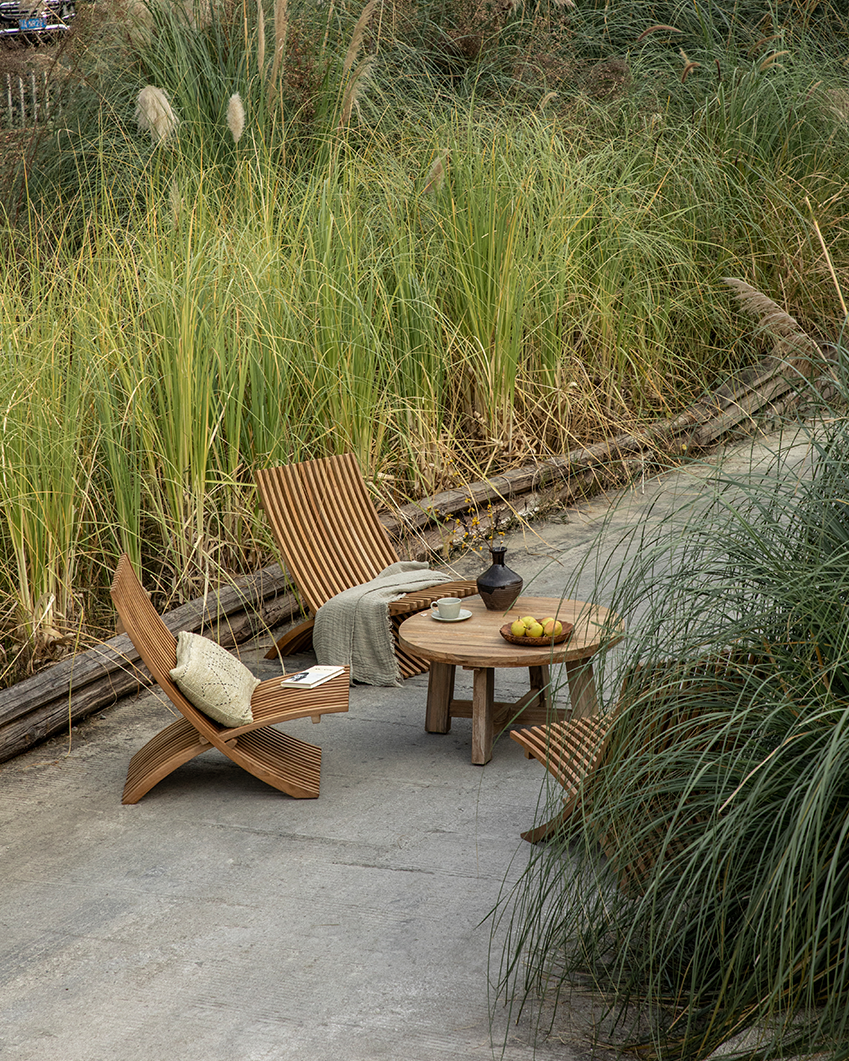 Oly Lounge Chairs: Wooden slatted design, comfortable outdoor seating set for relaxation and style.