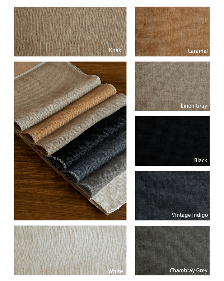 Color swatches of fabric options for slipcover armchairs, including khaki and caramel.