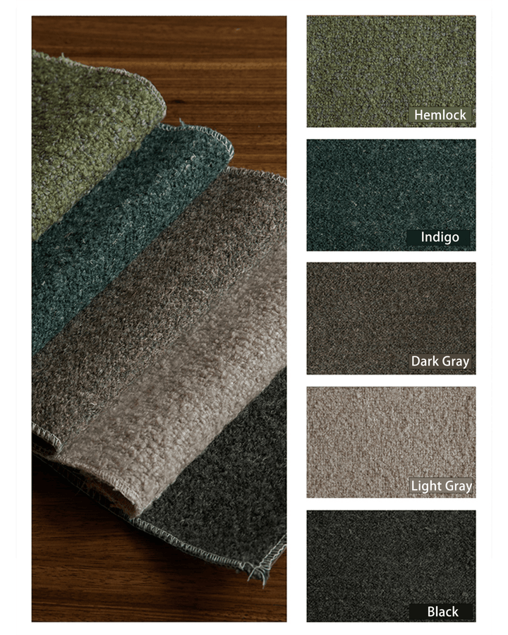 Colorful fabric swatches including Hemlock, Indigo, Dark Gray, Light Gray, and Black.
