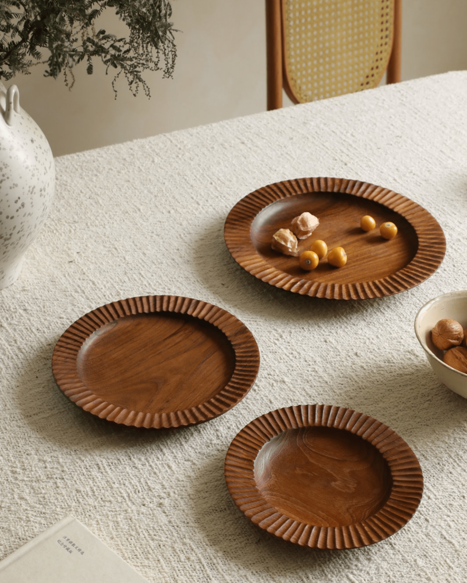 Handmade teak wood Lace Plates set, Indonesian design, perfect for elegant dining.