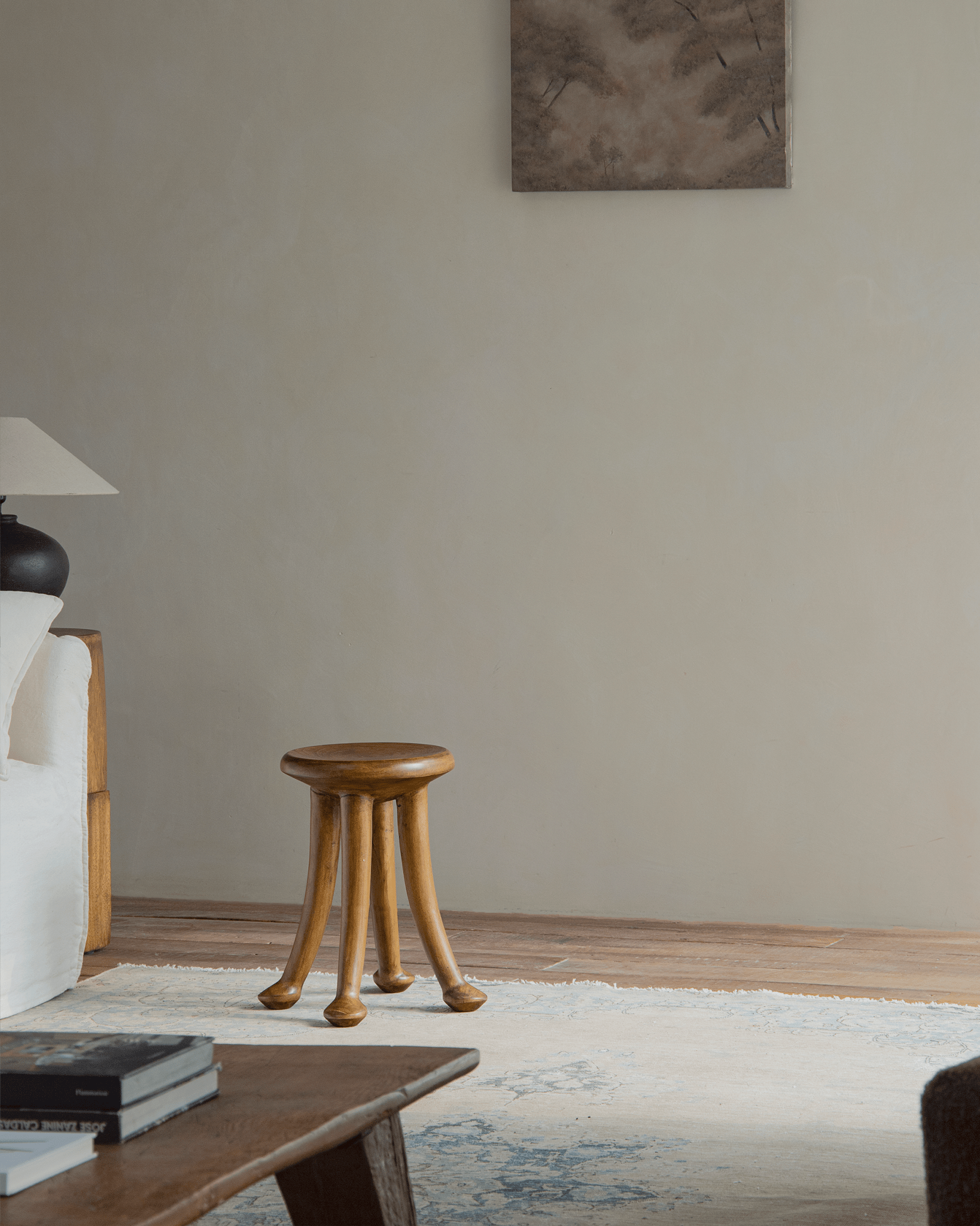 Sploot Stool made of Samanea saman wood, modern three-legged design, interior decor