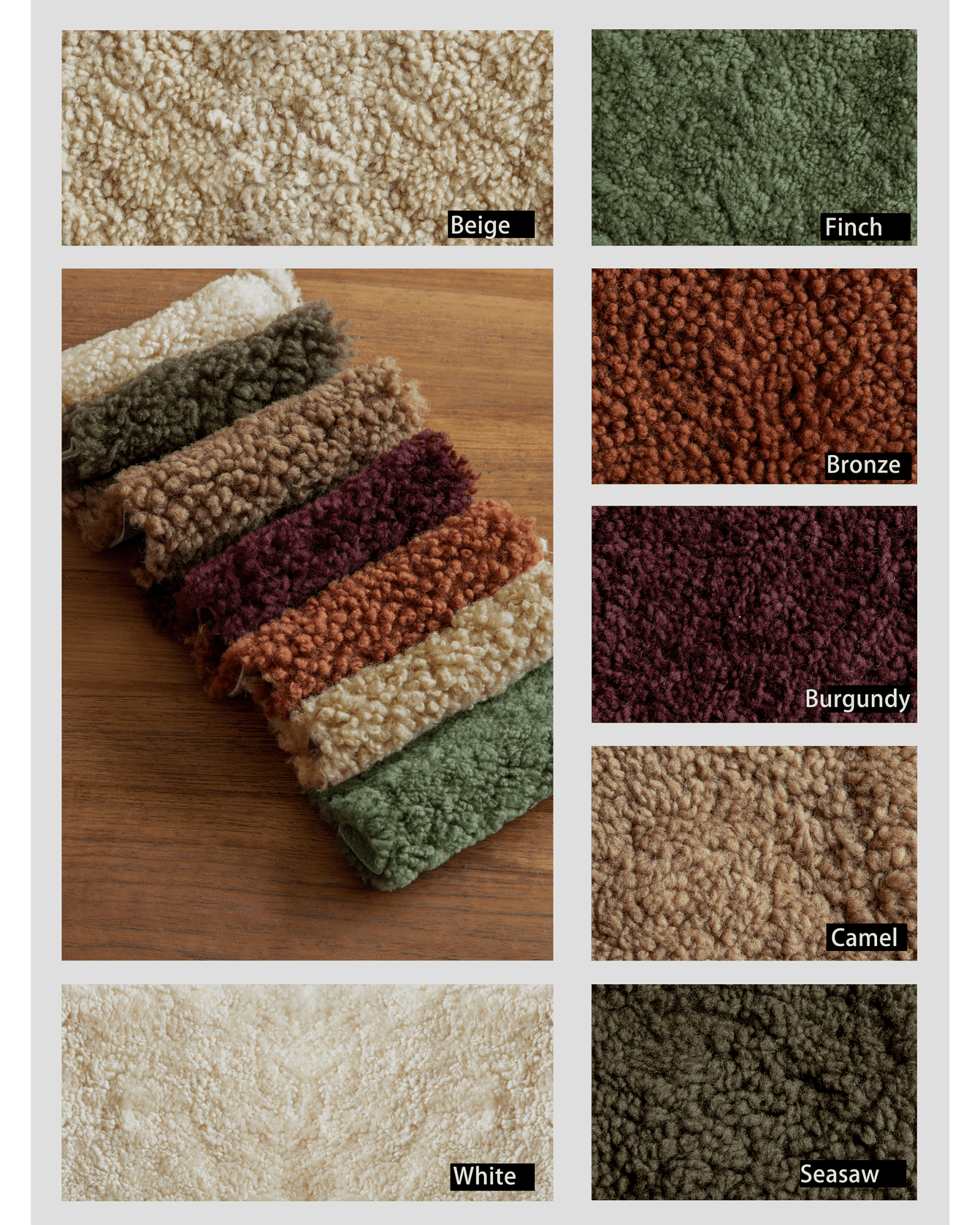 Shearling swatches in multiple colors (Beige, Finch, Bronze, etc.) demonstrating the material's texture and color variety.