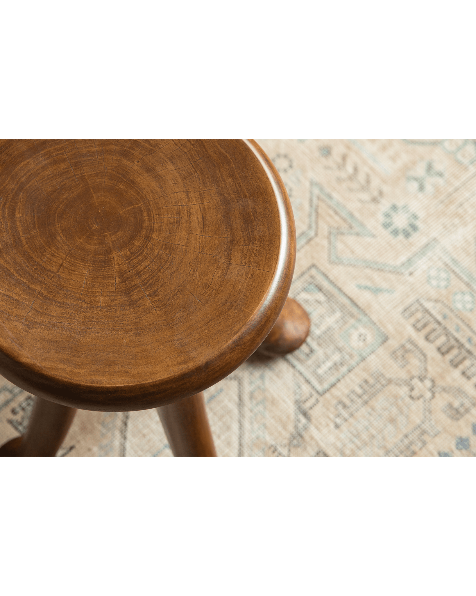 Sploot Stool close-up, Samanea saman wood grain detail, three-legged design, modern interior