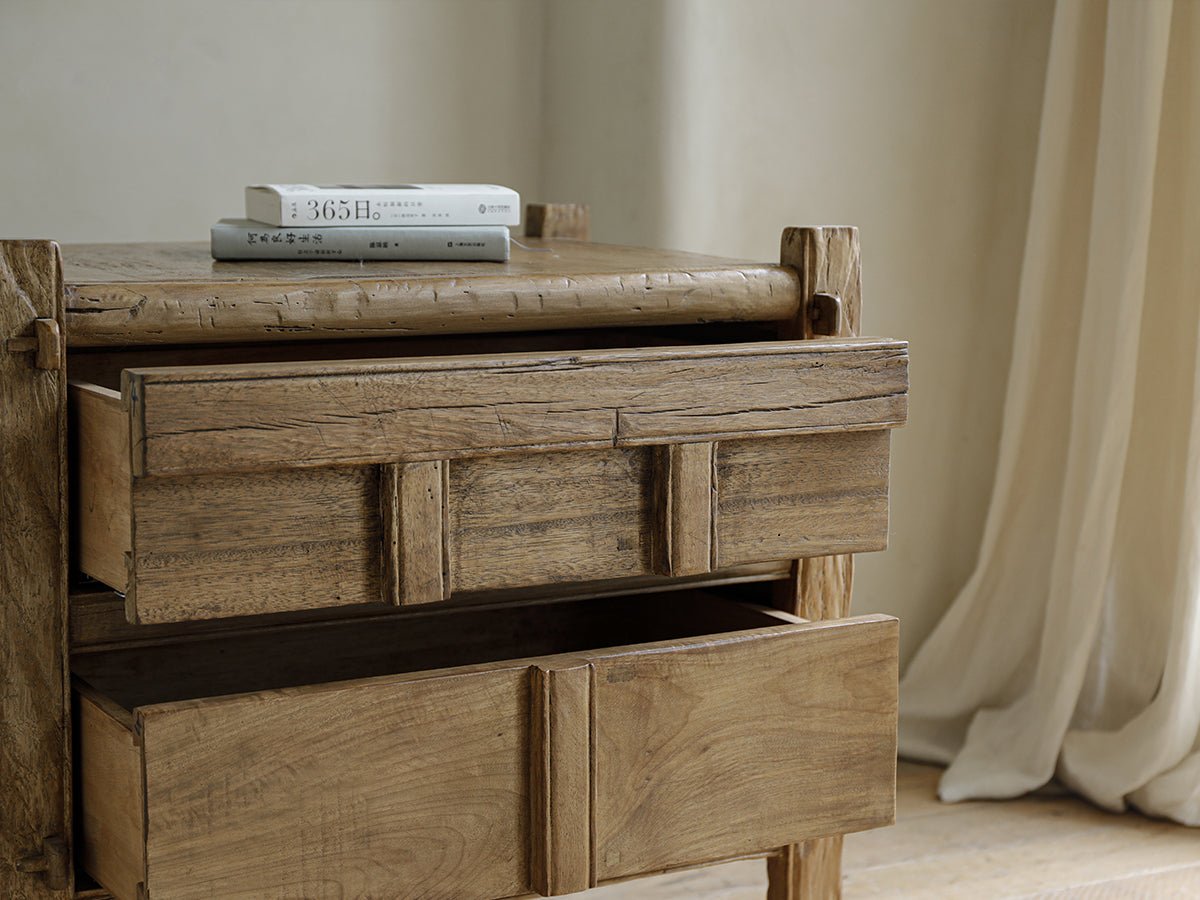 Treasure Nightstand with solid wood construction, mortise and tenon, natural wood grain, vintage design. Open drawers.