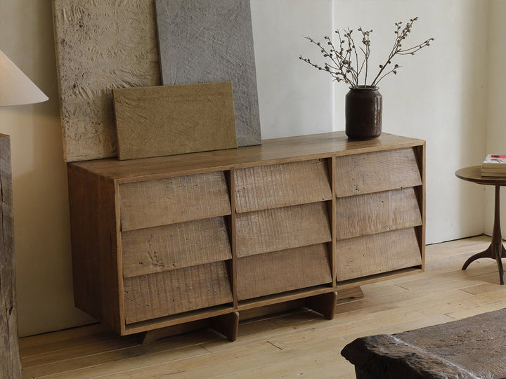 NO.9 Sideboard in cozy minimalist living room with decorative vase and wall art.