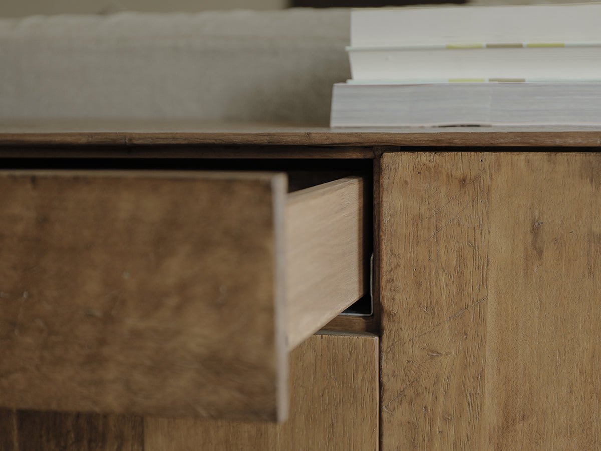 OX Sideboard detail: Open drawer reveals vintage wood grain, part of the aged wood structure.