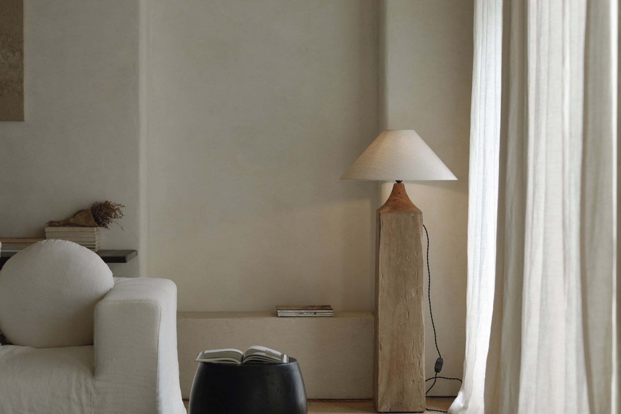 Wooden Floor Lamp with linen shade, Chinese Plug Type A, adds cozy lighting to living room.