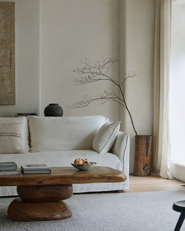 Serene living room with white sofa and rustic coffee table.