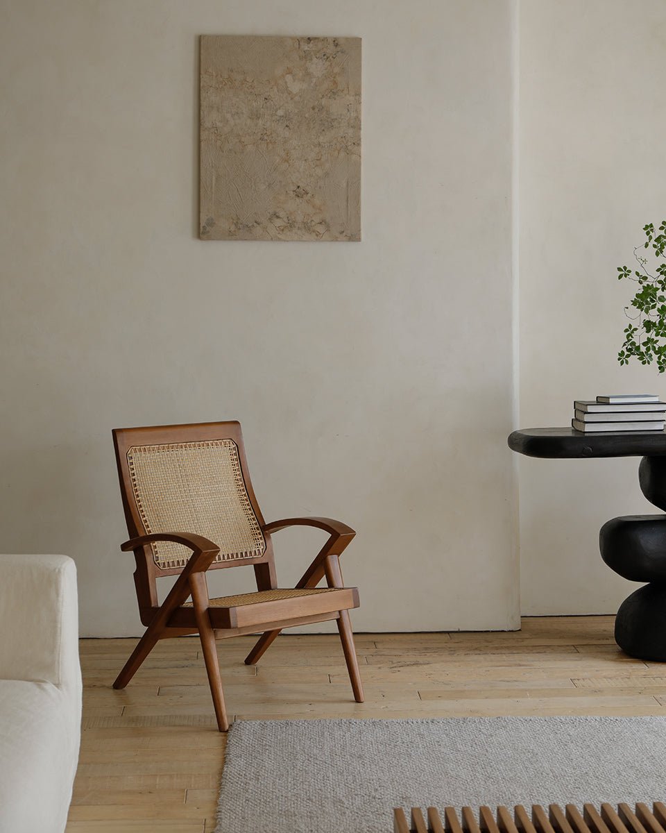 Rex Easy Armchair: Teak wood frame with rattan back and seat, vintage design.