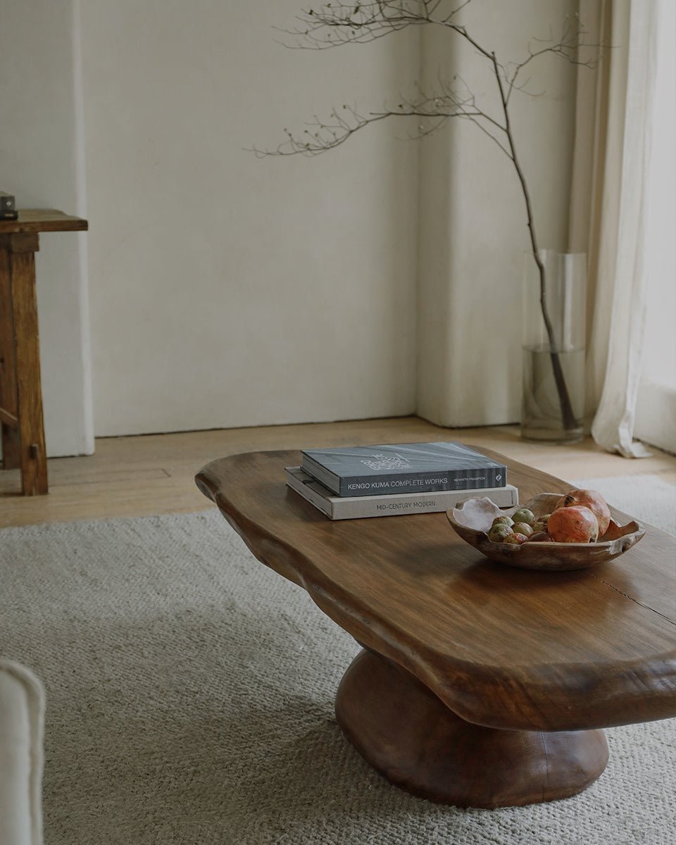 Mesa Coffee Table in Zen living room with books, fruit bowl and natural elements