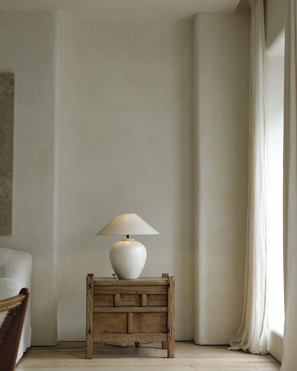 Treasure Nightstand with a white lamp, solid wood cabinet with mortise and tenon construction, vintage design