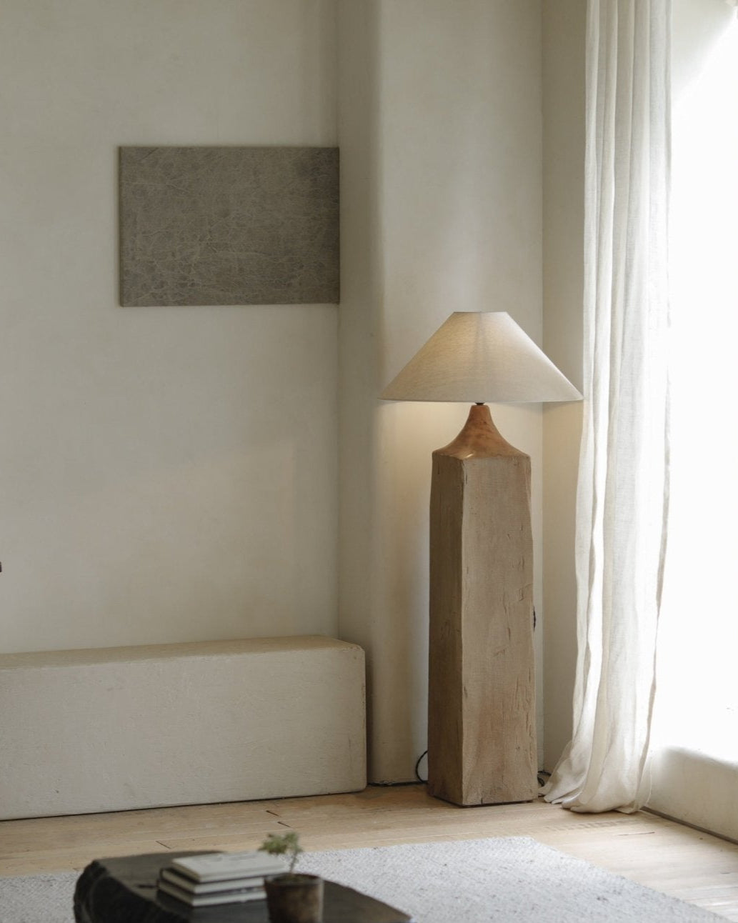 Wooden Floor Lamp, Chinese Plug Type A, minimalist living room decor with wooden base and linen shade.