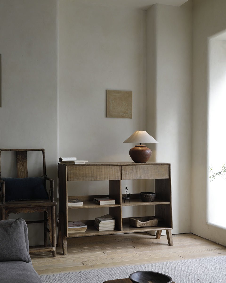 NO.0 Sideboard in natural reclaimed wood, vintage-inspired storage solution, with books and lamp on open shelves