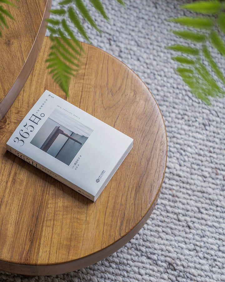 Miya Coffee Table Sets with a book and greenery on solid teak surface in cozy living room.