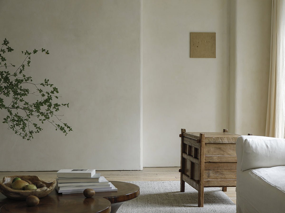 Treasure Nightstand in minimalist interior, solid wood construction, mortise and tenon joints, vintage design.